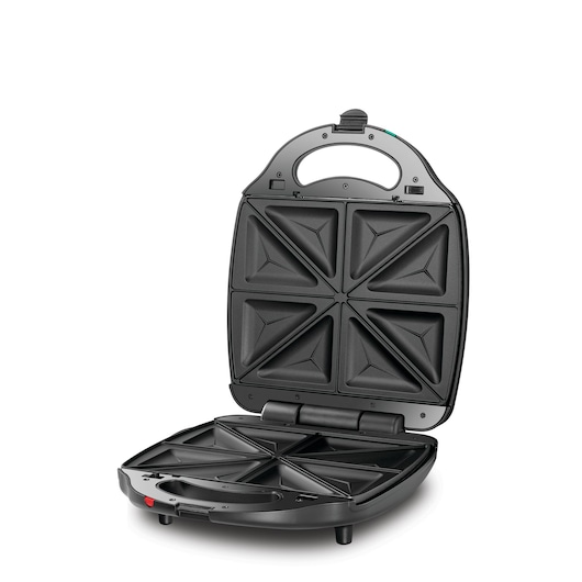 2 in 1 Black and Decker 4 Slice Sandwich and Grill Maker front view open 90 degrees with sandwich plates