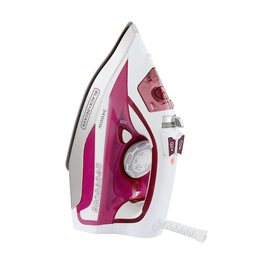 2400W Black and Decker Steam Iron with Ceramic Soleplate vertical standing position showing steam and temperature controls