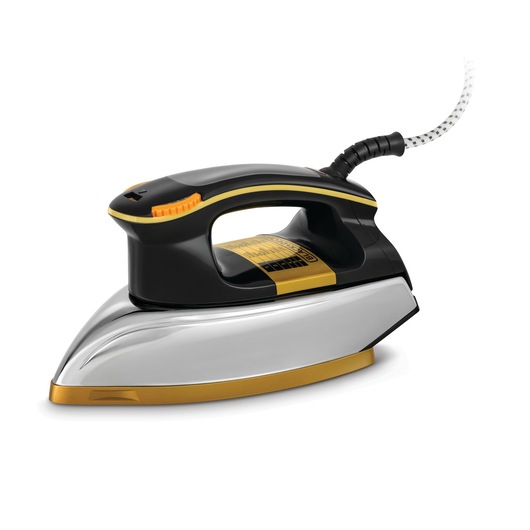 A BLACK+DECKER electric iron with a black and yellow handle, metallic soleplate, and a textured power cord. The iron is photographed against a white background.