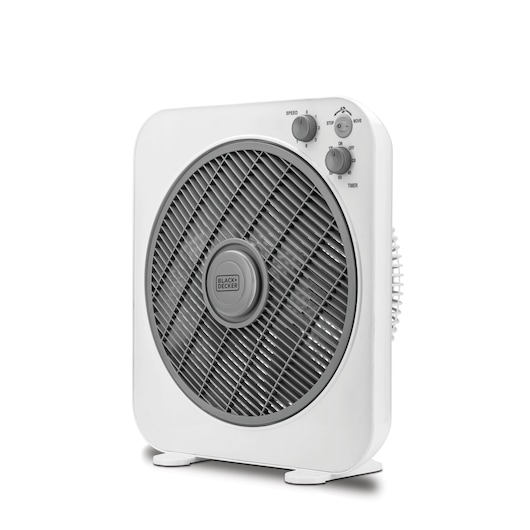 A BLACK+DECKER box fan in white and gray with control knobs for speed and timer, designed for cooling and air circulation.