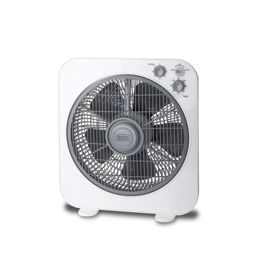 A BLACK+DECKER box fan with a white and grey design, featuring a circular grill, adjustable speed, timer controls, and resting on two small feet.