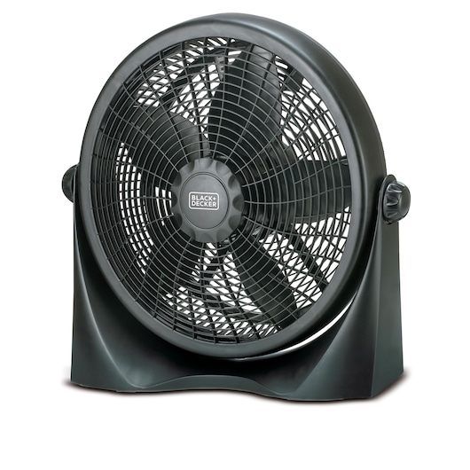 BLACK+DECKER black table fan with adjustable side knobs, featuring a round front grille and visible fan blades.