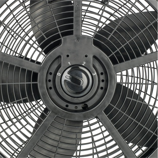 BLACKDECKER FB1620SA fan front view showing black blades and speed control dial.