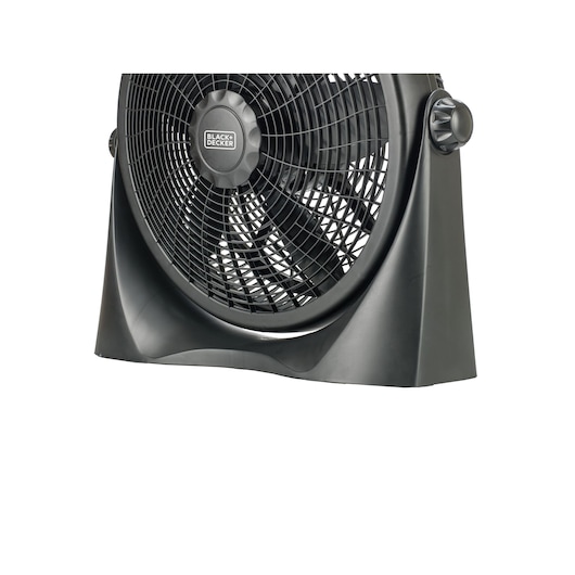 Photo of BLACK+DECKER FB1620 black table fan with front view, featuring round grill and side speed control knob.