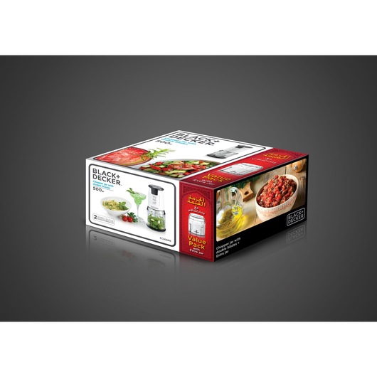 Photo of BLACK+DECKER FC300PR chopper box with chopper image, food illustrations, and value pack details, angled view.