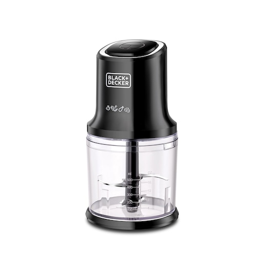 A BLACK+DECKER food chopper with a transparent container and black lid, showing measurement markings on the side and metal blades inside.