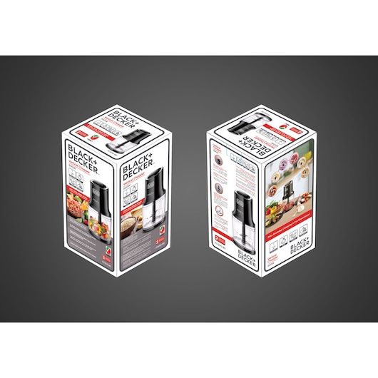 BLACK+DECKER FC500 food chopper packaging, showing product features, food images, and product photo, angled view.
