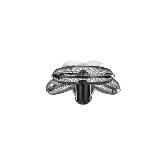 BLACKDECKER FD1620 oscillating black pedestal fan, front angle, blades shown in motion.