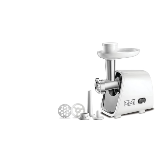 BLACKDECKER FM1500 electric meat grinder with attachments, white, front angle on white background.