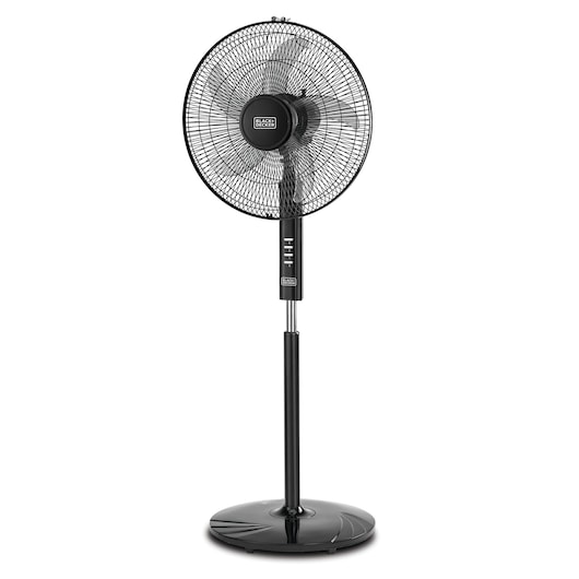 BLACKDECKER FS1620 black pedestal fan, front angle, circular base and mesh guard.
