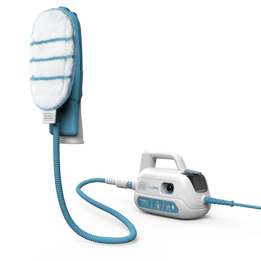 BLACK+DECKER FSH10SMP steam cleaning mitt and base unit, white and blue, front angle, photography.