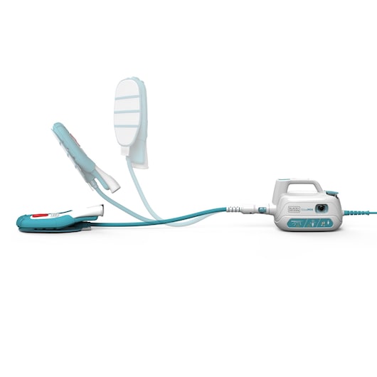 BLACKDECKER FSH10SMP steam cleaner with detachable handheld unit in turquoise and white, side angle.