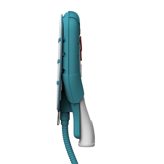 BLACKDECKER FSH10SMP handheld steam cleaner side view, teal and white body, flexible hose visible.
