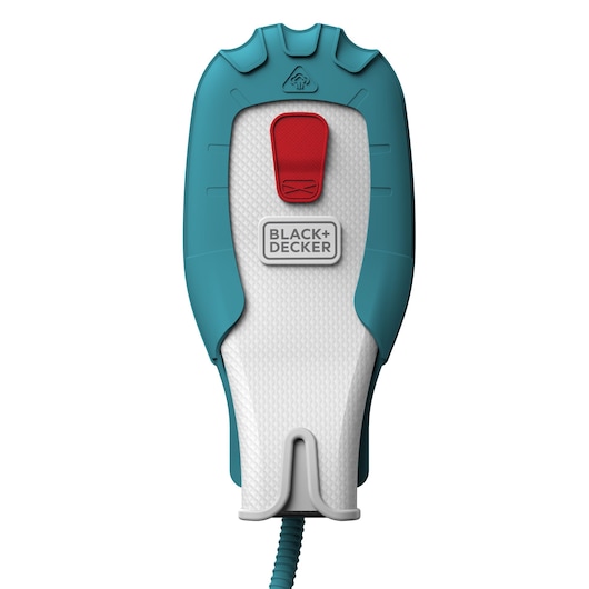 Photo of BLACK+DECKER FSH10SMP steam mop control handle, white and teal with red button, front view.