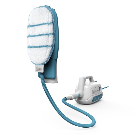 BLACK+DECKER FSH10SM steam cleaning pad and unit, white and blue, product side angle, cleaning appliance