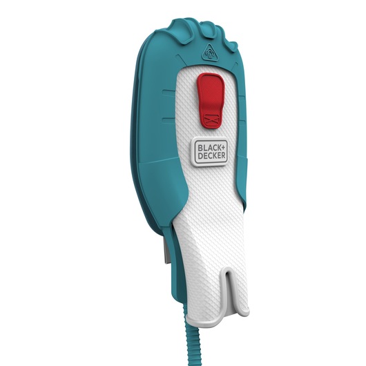 BLACKDECKER FSH10SM handheld steam cleaner, white and teal with red button, front angle, photography.