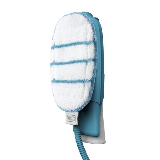 BLACKDECKER FSH10SM handheld steam mop with white and blue pad, side angle on white background.