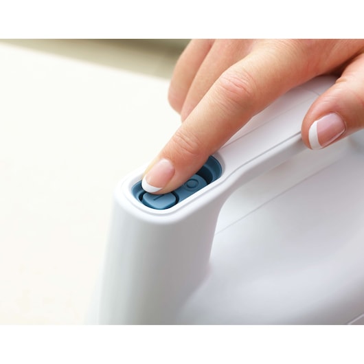 BLACKDECKER FSH10SM white handheld device, blue button detail, product category photography, closeup view.
