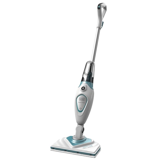 BLACKDECKER FSM1616 steam mop, white and teal, upright angle, home cleaning appliance.