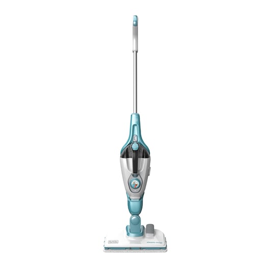 BLACKDECKER FSMH13151SM steam mop front angle, white and blue body with rectangular cleaning pad.