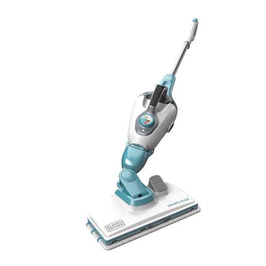 BLACKDECKER FSMH13151SM steam mop, front angle, white and blue color, photography on white background.