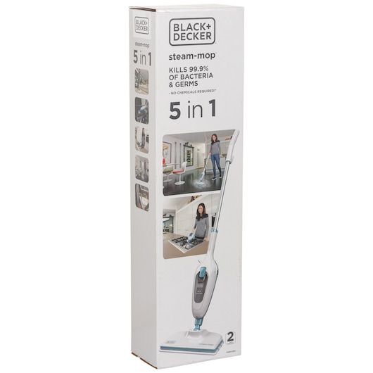Photo of BLACK+DECKER FSMH13E5 steam mop retail box, 5 in 1 multi-use cleaner, angled on white background.