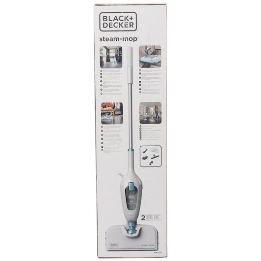BLACK+DECKER FSMH13E5 steam mop box front view with product photo, features, and usage illustrations.