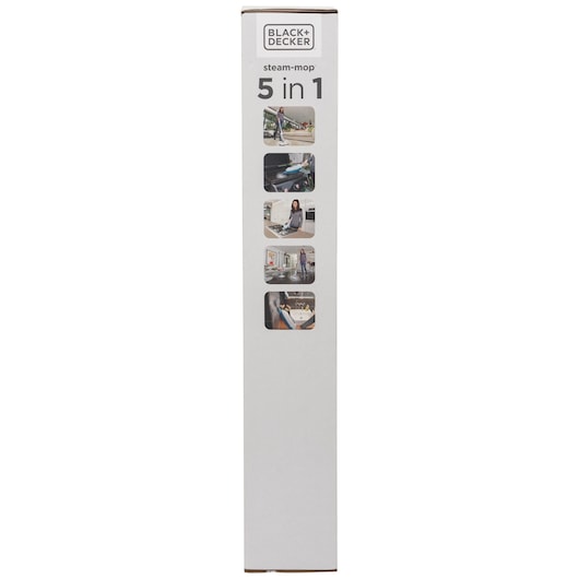 Photo of BLACK+DECKER FSMH13E5 steam-mop 5 in 1 product box, side view on white background.