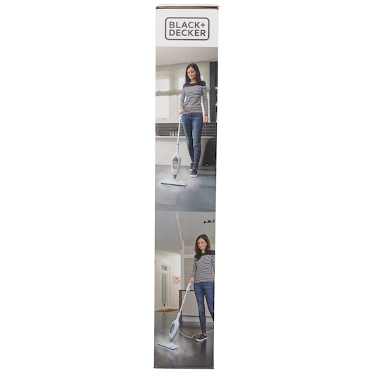 BLACK+DECKER FSMH13E5 steam mop retail box front view, showing product photo in use on floors.