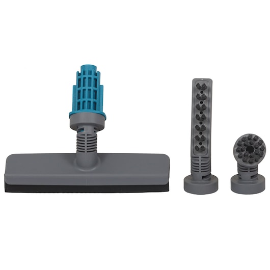 BLACKDECKER FSMH13E5 gray and blue steam mop accessory set, including floor head and two brush attachments, front view.