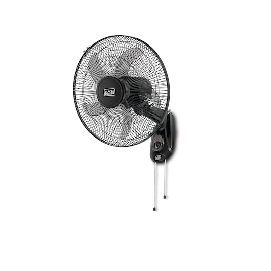 A BLACK+DECKER branded black wall-mounted oscillating fan with three blades and a protective metal grille.