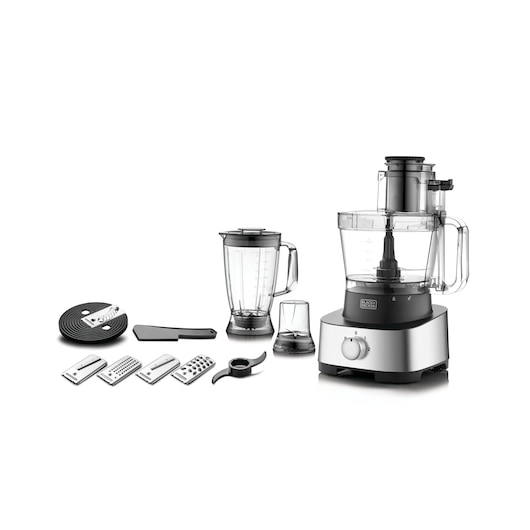A BLACK+DECKER food processor FX1050 with multiple accessories, including blender jug, small jar, slicing blades, discs, and a spatula, displayed on a white background.