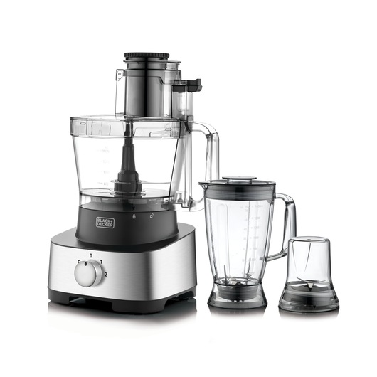 A BLACK+DECKER food processor set including a main processor unit with a transparent bowl, a blender attachment, and a grinder attachment, all shown on a white background.