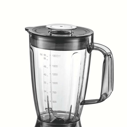 BLACKDECKER FX1050 transparent blender jar with black lid and handle, front angle, measurement markings visible.