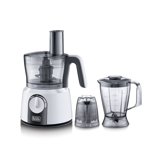 A BLACK+DECKER multifunction food processor set with a main processing unit, a blender jar with handle and lid, and a small attachment for chopping or grinding. All components are in grey and transparent plastic with measurement markings.