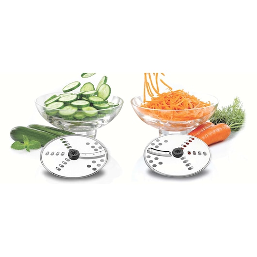 BLACKDECKER FX400BMG slicer discs with glass bowls, one with sliced cucumber, one with grated carrot, on white background.