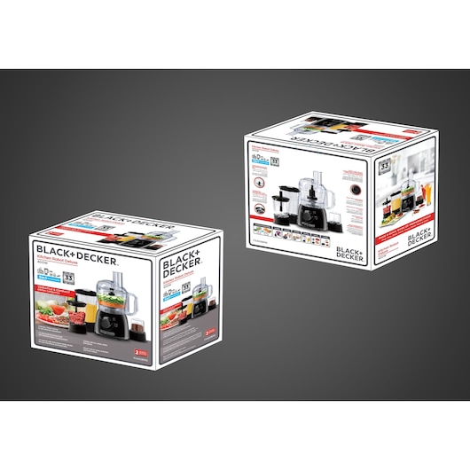 Photo of two BLACK+DECKER FX400BMG food processor boxes, angled to show product images and key features on packaging.