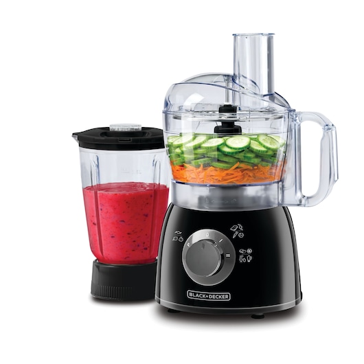 BLACK+DECKER FX400B food processor with a transparent mixing bowl containing sliced cucumbers and shredded carrots, next to a blender jar filled with a pink smoothie.