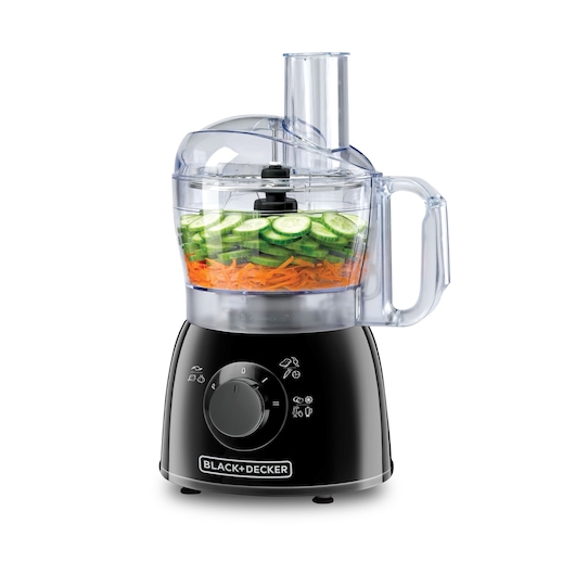 A BLACK+DECKER FX400 food processor with a transparent bowl containing sliced cucumbers and shredded carrots. The machine has a black base with a dial and the brand logo on the front.