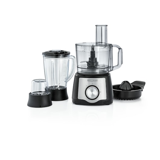 A BLACK+DECKER multifunction food processor set with four attachments: a large transparent bowl on a black and silver base, a blender jug, a grinder attachment, and a citrus juicer. All items are placed on a white surface.