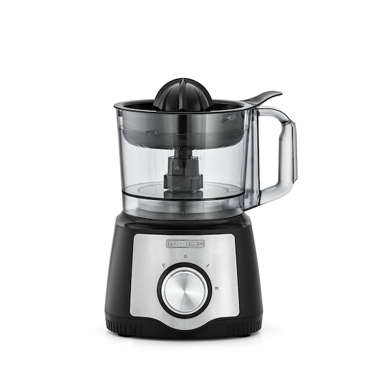 A BLACK+DECKER FX650 electric food processor with a transparent container, black lid, handle, and a central juicer attachment visible on the top.