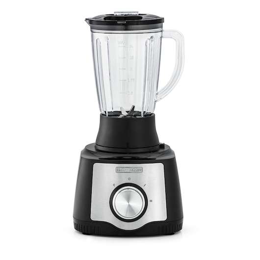 A BLACK+DECKER FX650 blender with a transparent plastic jar, black lid, and a black and silver base featuring a control dial.