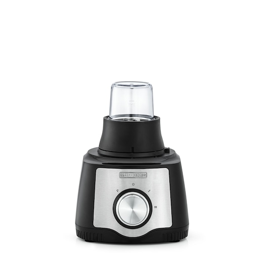 A BLACK+DECKER blender base with a small transparent cup attached on top, featuring a silver control dial, placed against a white background.