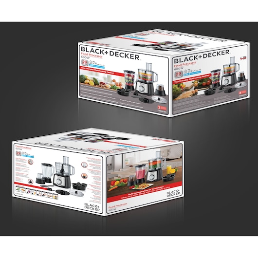 Photo of BLACK+DECKER FX650 food processor packaging, showing product image, 600W power, and multi-accessory set.