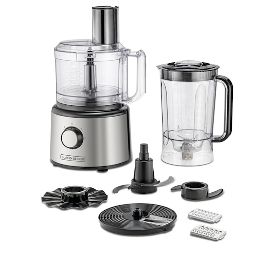 A BLACK+DECKER food processor and blender set with multiple detachable components and blades, including a transparent mixing bowl, a transparent blender jar with a handle, different shredding and slicing disks, and various attachments, all displayed on a white background.