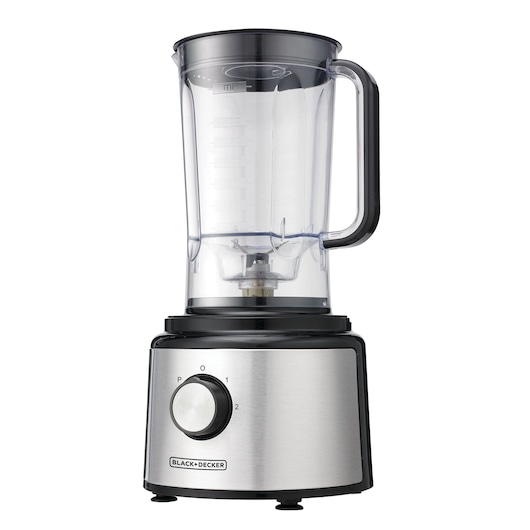 BLACKDECKER FX760SB blender with stainless steel base and clear plastic jar, front angle on white background.
