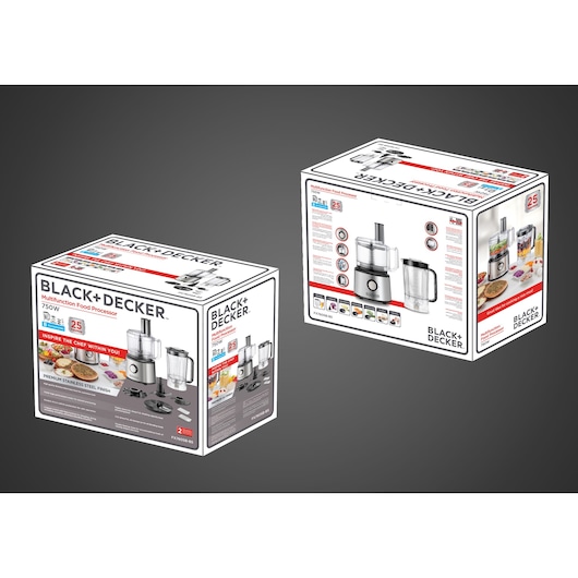 Photo of two BLACK+DECKER FX760SB multifunction food processor boxes, showing front and back packaging on gray background.