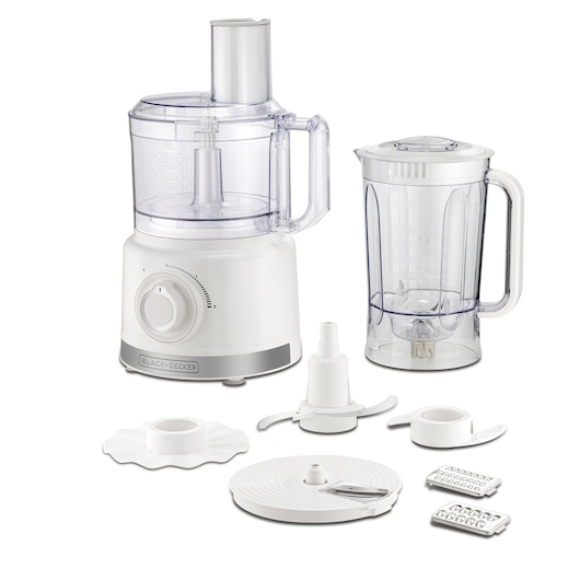 A BLACK+DECKER food processor FX760 with a transparent mixing bowl, a blender jar, and various detachable accessories including blades, discs, and graters, all displayed on a white background.