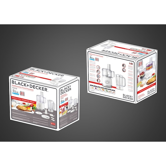 Photo of BLACK+DECKER FX760 multifunction food processor packaging, white box with product images and features, angled view.