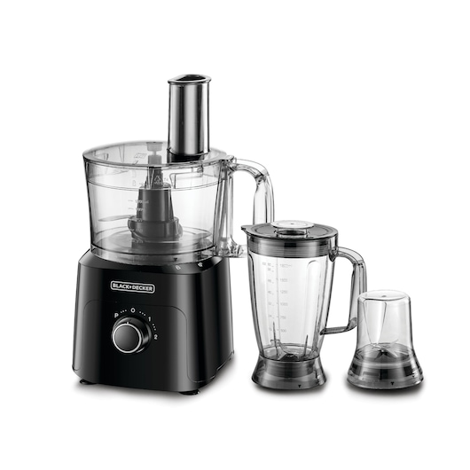 A BLACK+DECKER food processor set, featuring a main black food processor unit with a transparent bowl, a transparent blender jug with measurements, and a small transparent grinder attachment, all placed on a white background.